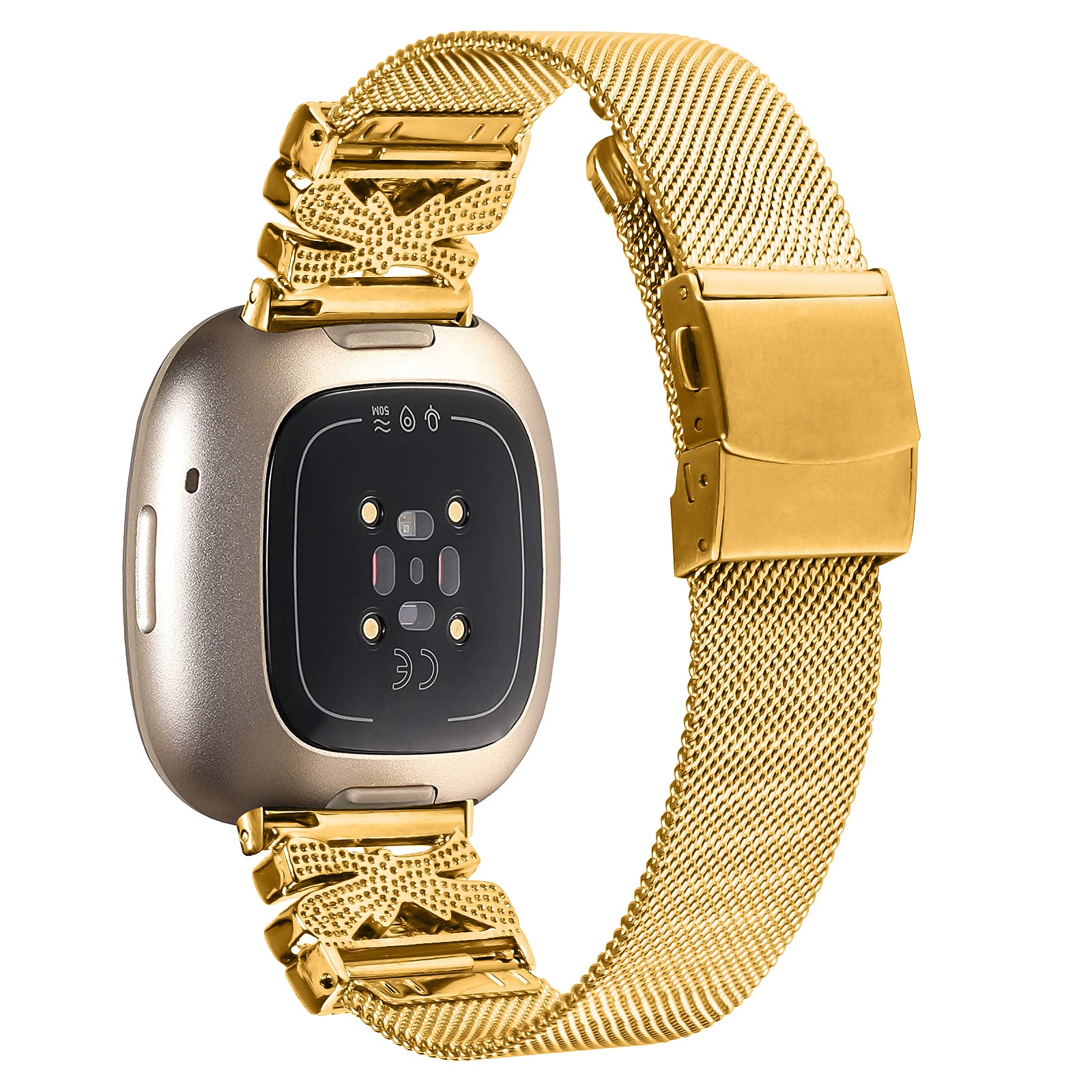 For Fitbit Sense / Versa 3 Electroplating Stainless Steel Watch Strap Rhinestone Decor Watchband - Gold For Fitbit Sense / Versa 3 Electroplating Stainless Steel Watch Strap Rhinestone Decor Watchband - Gold
